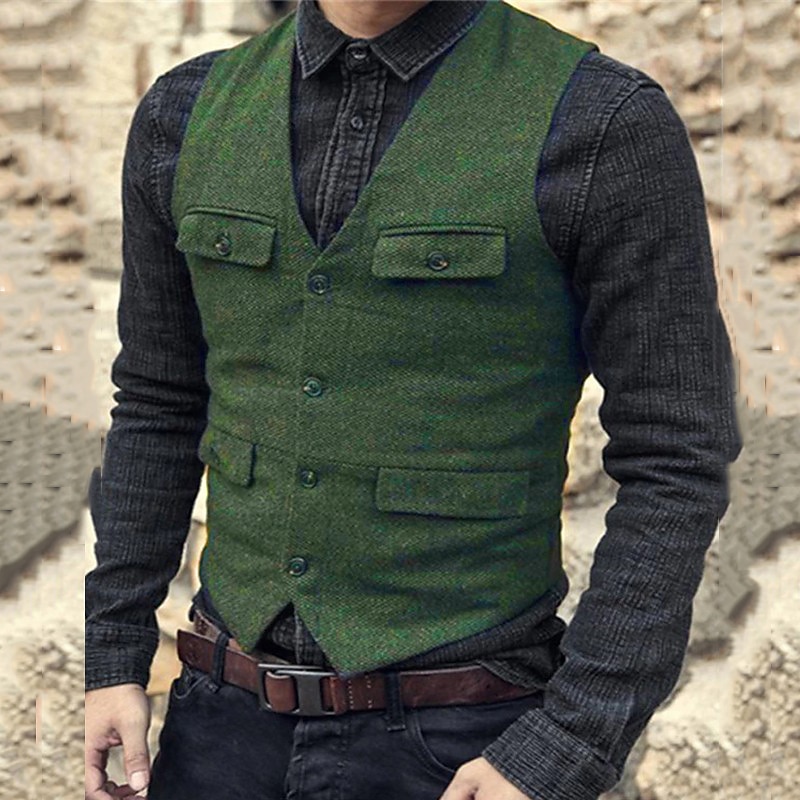 Men's Vest Waistcoat Daily Wear Vacation Going out Fashion Basic Spring &  Fall Button Polyester Comfortable Plain Single Breasted V Neck Regular Fit Black Dark Navy Dark Green Brown Vest3