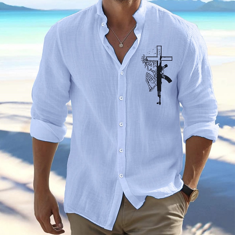 Men's Shirt Beach Shirt Button Up Shirt Cross Outdoor Vacation Black White Pink Orange Long Sleeve Standing Collar Spring &  Fall Clothing Apparel Print - Main Image