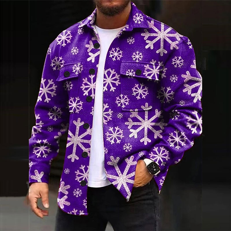 Christmas Men's Christmas Scene Printed Shirts Shirts Snowflake Casual ShirJacket Shacket Outdoor Street Fall & Winter Turndown Long Sleeve Burgundy S M L3