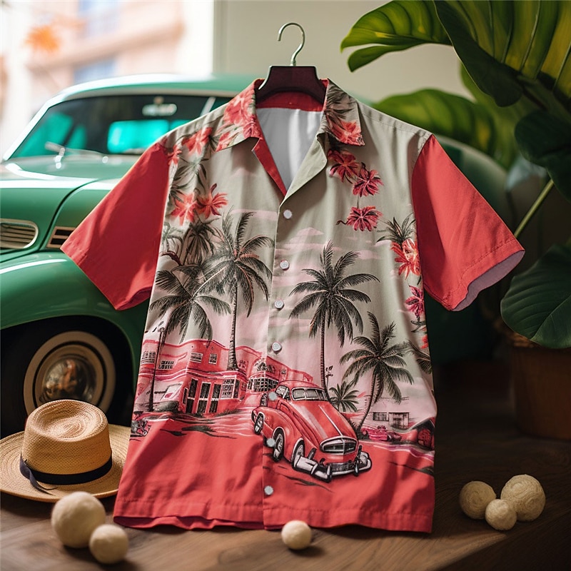 Men's Car Palm Tree Tropical Plants Shirt Summer Hawaiian Shirt Aloha Shirt Short Sleeve Shirt Cuban Collar Fashion Hawaiian Outdoor Vacation Hawaiian Yellow Red Orange S M L4
