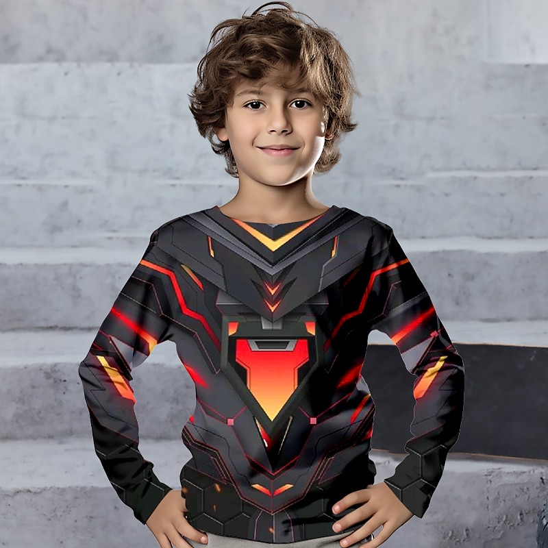 Boys 3D Geometric Tee Shirts Long Sleeve 3D Print Spring Fall Sports Fashion Streetwear Kids 3-12 Years Crew Neck Outdoor Casual Daily Regular Fit
