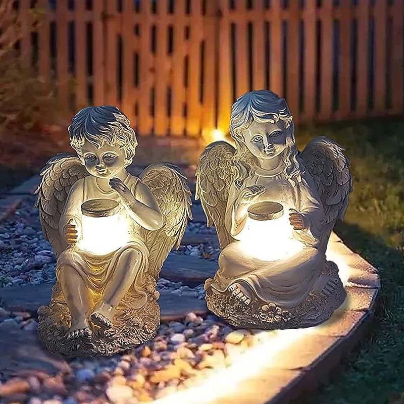Garden Angel Statyes, Angel Fairy Statuette with Solar Light, Garden Resin Angel Figurines Ornament Angel Decoration for Lawn Cemetery Memorial Gifts, Guardian Angel Garden Statuette-Girl