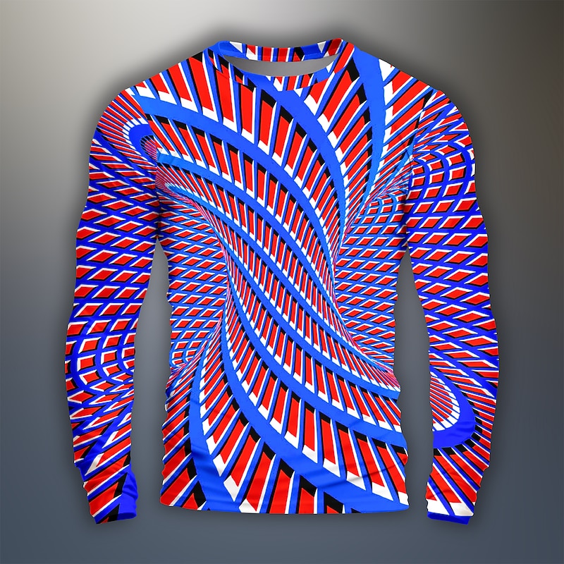Men's Graphic Optical Illusion Geometic Visual Deception Funny T Shirts Long Sleeve T shirt 3D Print Crew Neck Shirt Daily Designer Artistic Carnival Party Casual Black Yellow Blue Spring &  Fall3