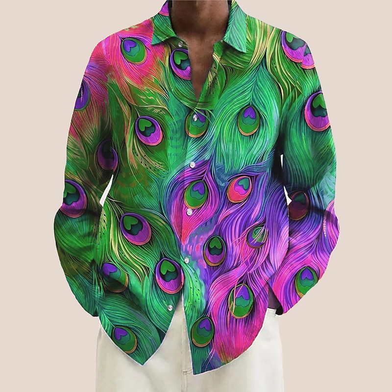 Men's Color Block Geometric Pattern Feathers Shirt Button Up Shirt Long Sleeve Hawaiian Artistic Vacation Casual Daily Weekend Spring & Summer Turndown Print Button-Down Blue Purple Green2