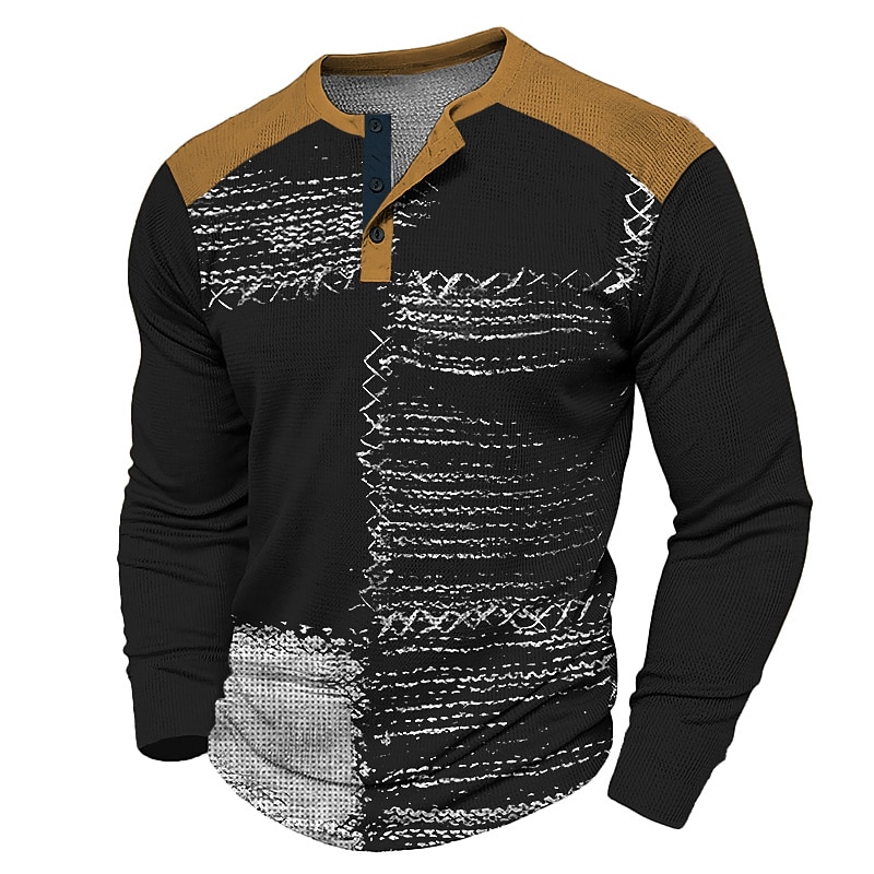 Men's Graphic Color Block Henley Shirt Waffle T Shirt Long Sleeve 3D Print Fashion Designer Casual Sports Outdoor Holiday Festival Spring &  Fall Black Army Green Dark Blue Coffee Henley Henley2