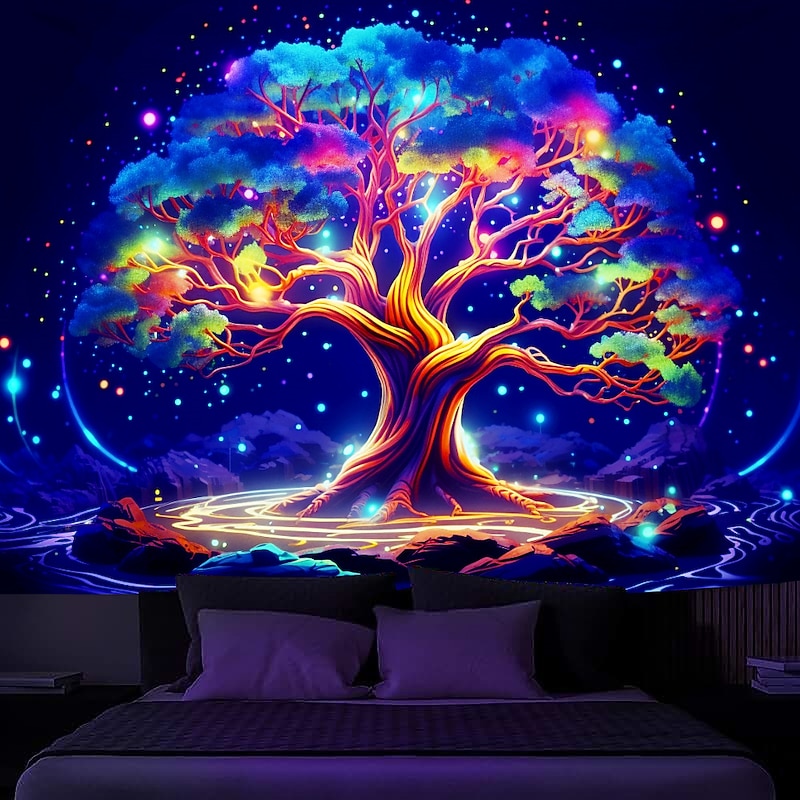 Blacklight Tapestry UV Reactive Glow in the Dark Glow Party Neon Bonsai Nature Psychedelic Trippy Misty Hanging Tapestry Wall Art Mural for Living4