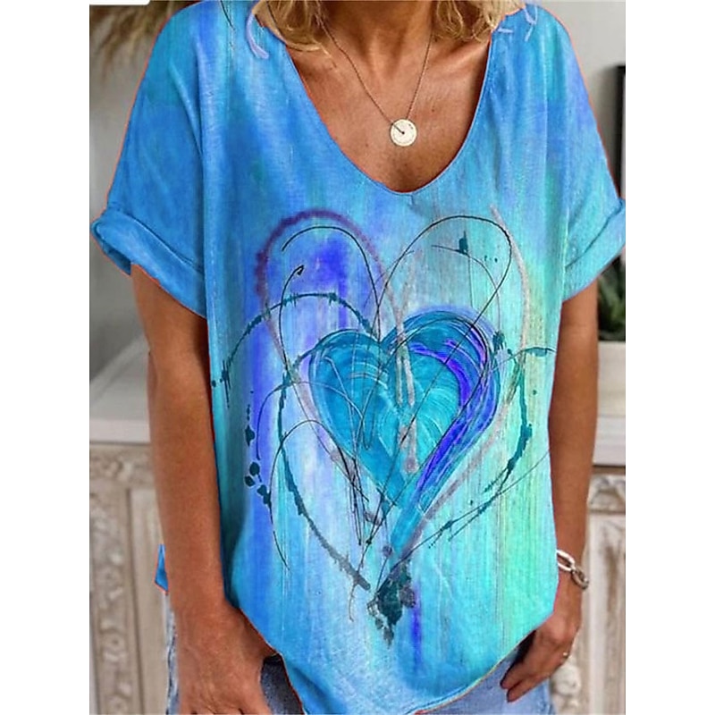 Valentine Women's Heart T Shirt Cute Red Tee Print Weekend Fashion Short Sleeve V Neck Red Summer Spring & Fall2