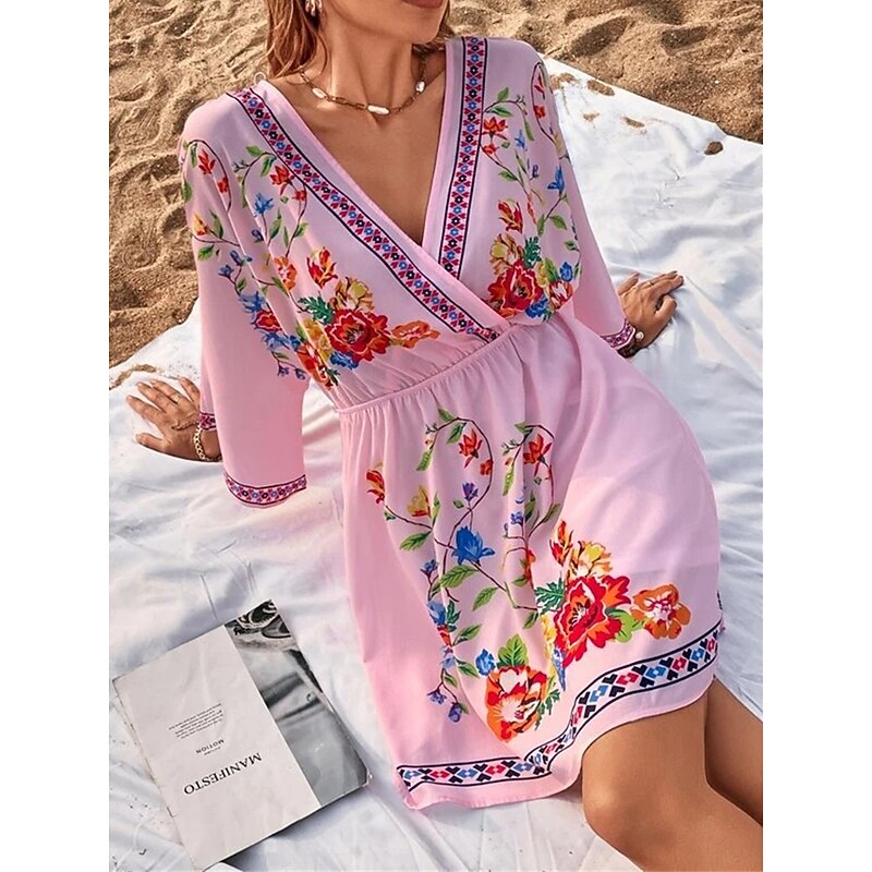 Women's Casual Dress Floral Print V Neck Mini Dress Ethnic Boho Vacation 3/4 Length Sleeve Summer Spring 9