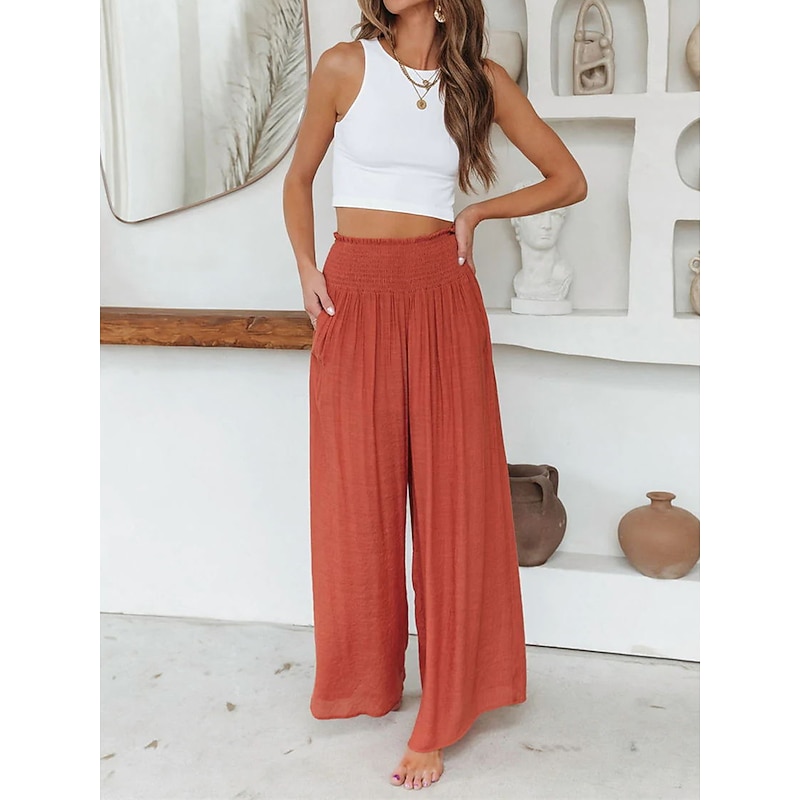 Women's Wide Leg Pants Trousers Vacation Simple Casual Full Length High Waist Plain Pocket Elastic Waist High Cut Comfort Breathability Soft Micro-elastic Home Street Daily Black Brick red Fall Winter3