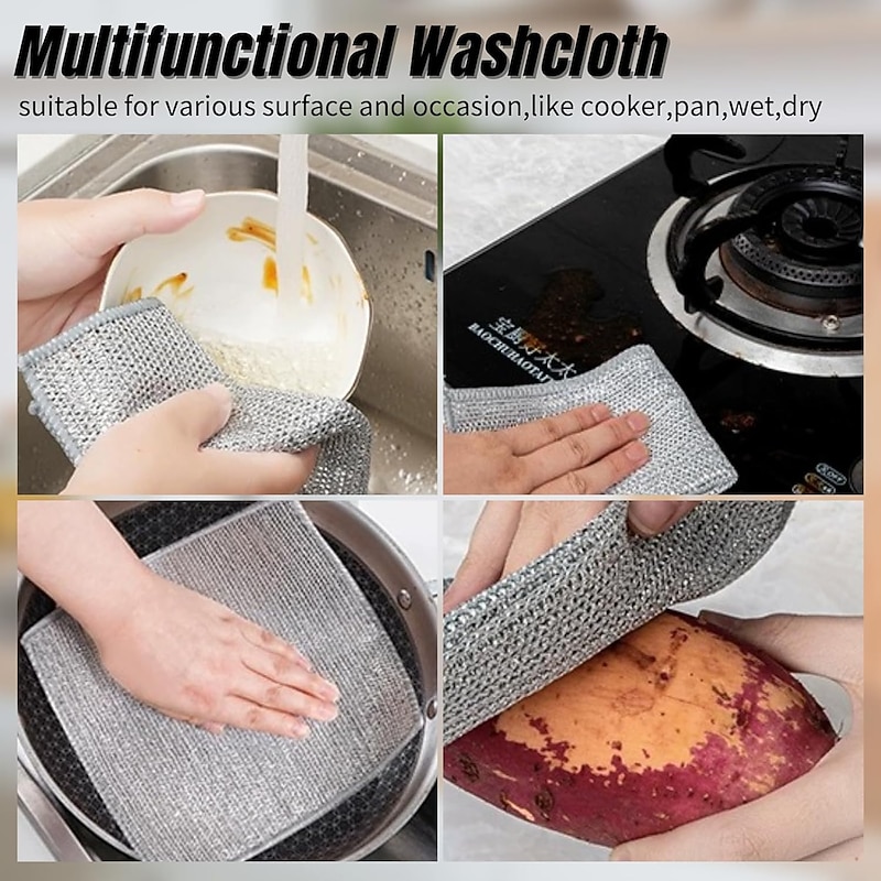 3pcs Steel Wire Dishwashing Cloth Kitchen Cleaning Cloth Non-stick Oil Dish Clean Towel Washing Rags Household Cleaning Cloths3