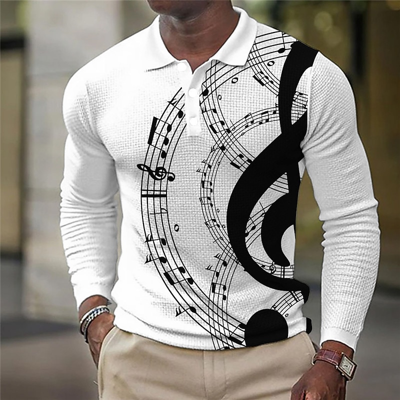 Music Festival Men's Music Waffle Polo Shirts Golf Shirt Long Sleeve Polo Shirts Collared Shirts Casual Vacation Wear Festival Wear Party Outfits Buttons 3D Print Fall & Winter Black White2