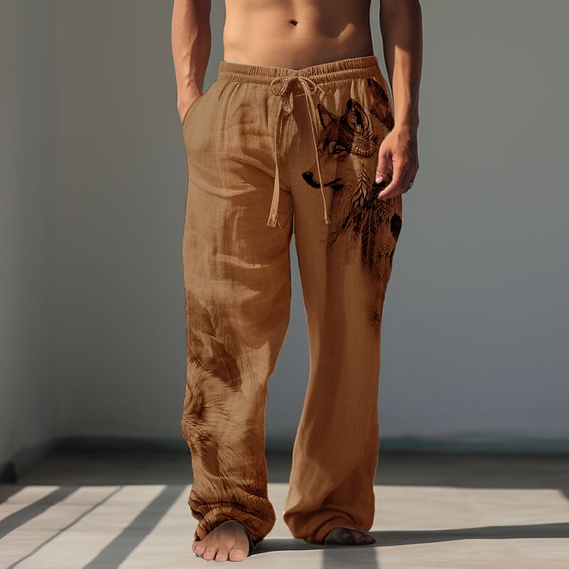 Men's Animal Wolf Linen Pants Pants Trousers Baggy Pants Mid Waist Vintage Outdoor Daily Wear Streetwear Fall & Winter Green Khaki Gray3