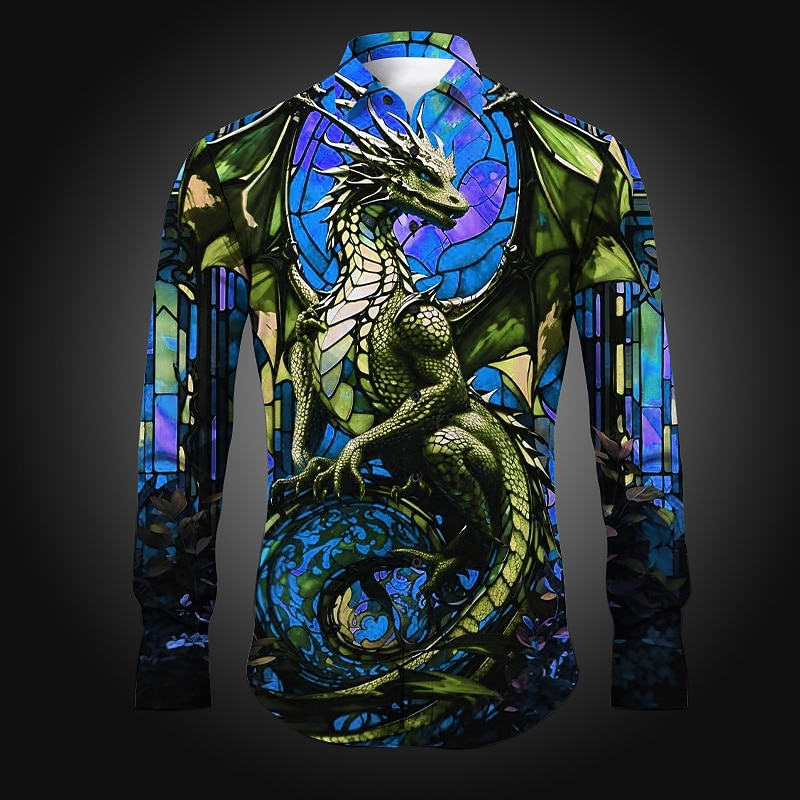 Men's Dragon Shirt Button Up Shirt Long Sleeve Abstract Daily Wear Going out Spring & Summer Turndown Print Button-Down Yellow Red Blue Purple Orange4