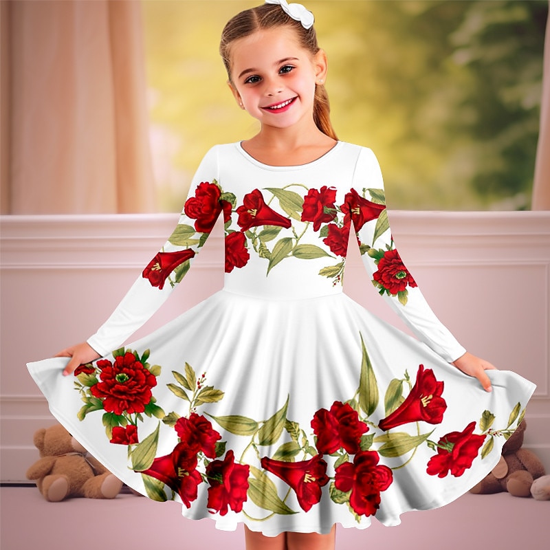 Easter Carnival Girls' 3D Floral Dress Long Sleeve 3D Print Spring Fall Vacation Sports & Outdoor Daily Cute Casual Beautiful Kids 3-12 Years Casual Dress A Line Dress Above Knee Regular Fit