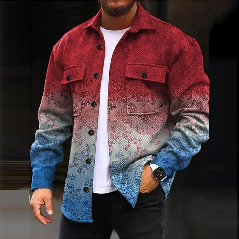 Men's Geometric Pattern Geometry Gradual Shirt Shirt Jacket Overshirt Long Sleeve Casual Outdoor Street Casual Daily Fall & Winter Turndown Buttons Pocket Print Red Blue Gray2
