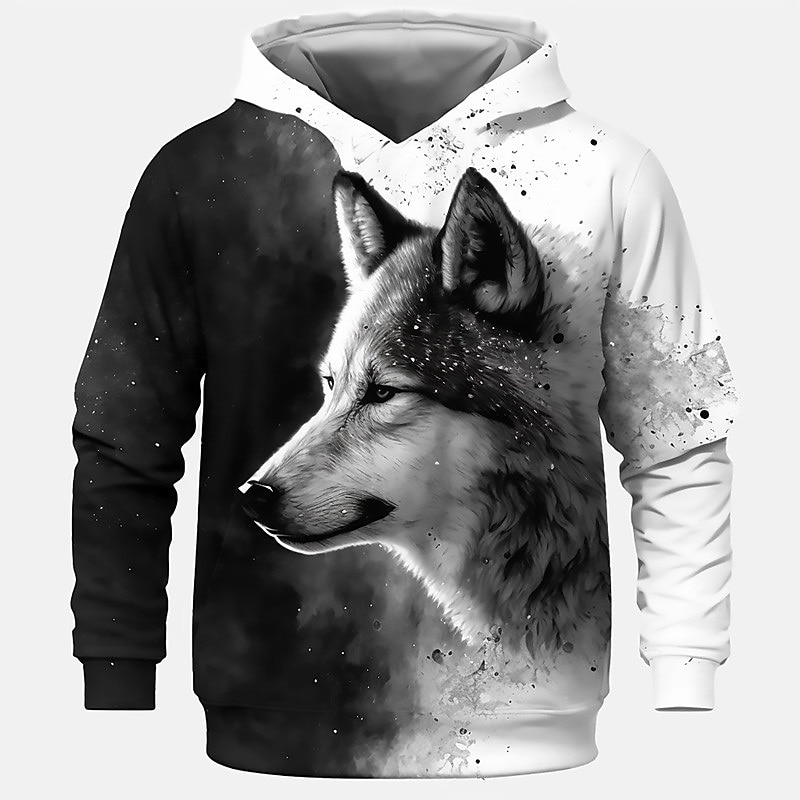 Boys 3D Wolf Hoodie Pullover Long Sleeve 3D Print Spring Fall Fashion Streetwear Cool Kids 3-12 Years Hooded Outdoor Casual Daily Regular Fit