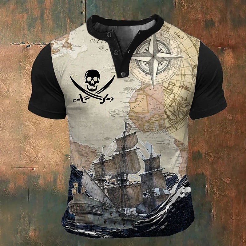 Men's Graphic Ship T shirt Henley Shirt Short Sleeve 3D Print Fashion Retro Vintage Classic Sports Outdoor Holiday Going out Spring & Summer Black Brown Dark Blue Gray Henley Henley T-Shirt