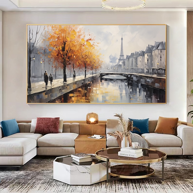 Handmade Original street Landscape Oil Painting On Canvas Wall Art Decor iron Tower art for Home Decor With Stretched Frame/Without Inner Frame Painting