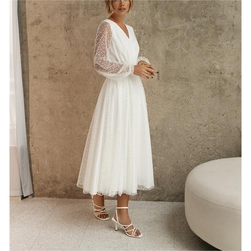 Beach Little White Dresses Wedding Dresses A-Line V Neck Long Sleeve Tea Length Sequined Bridal Gowns With Beading Solid Color2