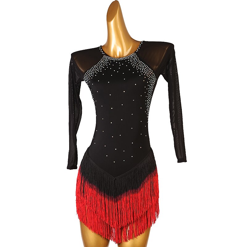 Figure Skating Dress Women's Girls' Ice Skating Dress Black Tassel Open Back Mesh High Elasticity Training Competition Skating Wear Classic Long Sleeve Ice Skating Figure Skating3