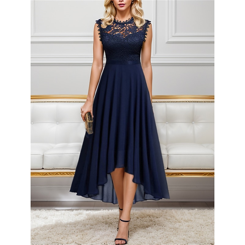 Women's Black Dress Lace Dress Party Dress Chiffon Lace Ruched Crew Neck Sleeveless Midi Dress Winter Dress Wedding Guest Black Pink Summer Spring3