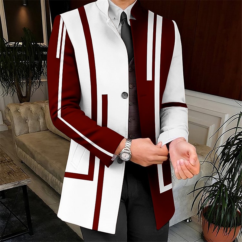 Men's Stripe Geometry Winter Coat Overcoat Coat Warm Comfortable Breathable Business Work Wear to work Going out Pocket Print Fall & Winter Stand Collar Long Sleeve White Yellow Red 5