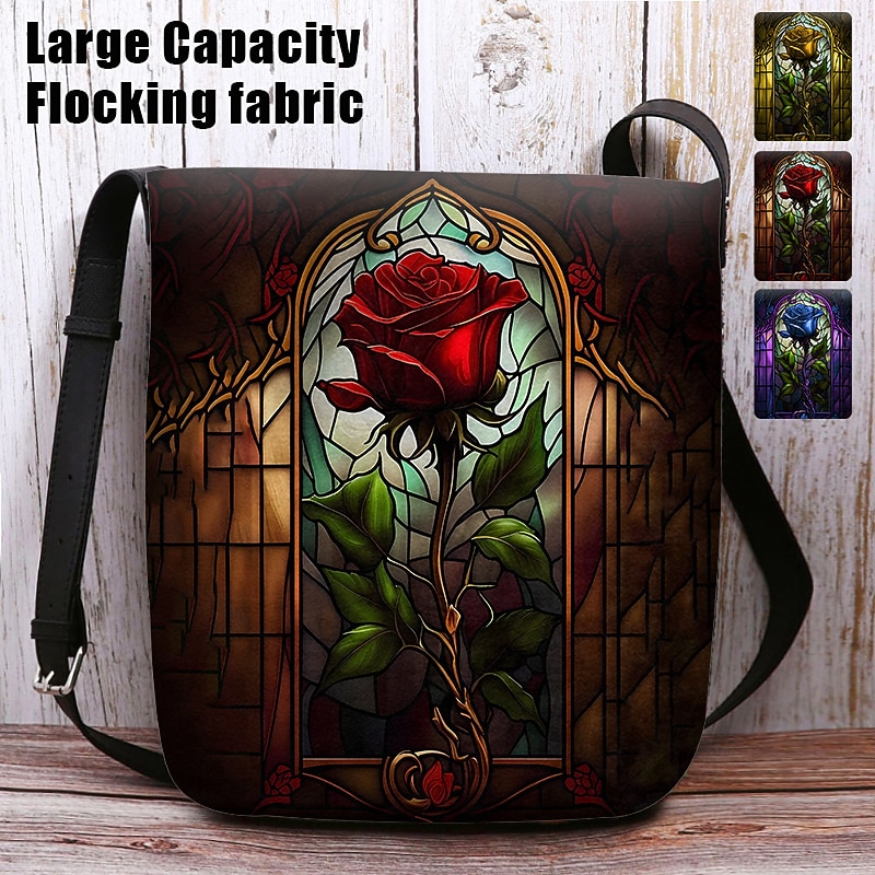 Vintage Rose Stained Glass Crossbody Bag - Gothic Floral Print Shoulder Bag for Women, Ideal for Everyday and Special Occasions