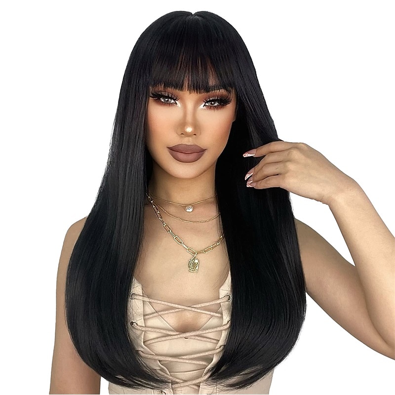 Black Wigs for Women Long Straight Wig with Bangs Black Hair Wigs Heat Resistant Synthetic Womens Wig for Daily Party Use 22 Inch