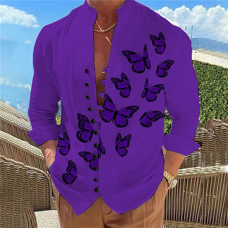 Men's Butterfly Shirt Long Sleeve Casual Daily Wear Going out Weekend Spring & Summer Standing Collar Print Button-Down Black White Blue Purple Fuchsia3