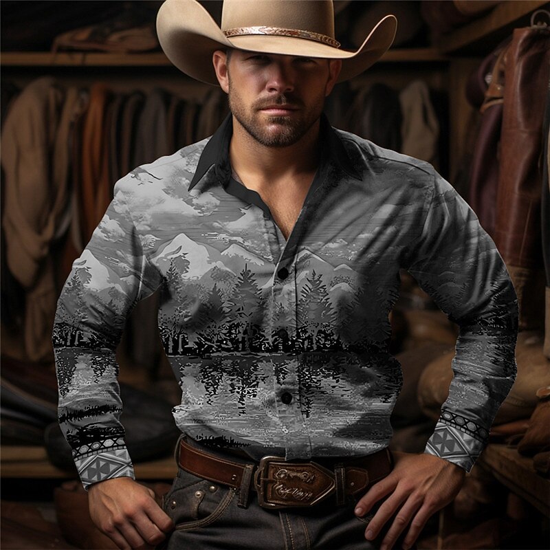 Men's Cowboy Western Shirt Button Up Shirt Cowboy Shirt Long Sleeve Vintage Western Style Casual Daily Spring Fall & Winter Turndown Collared Shirts 3D Print Front Pocket Brown Green Gray3