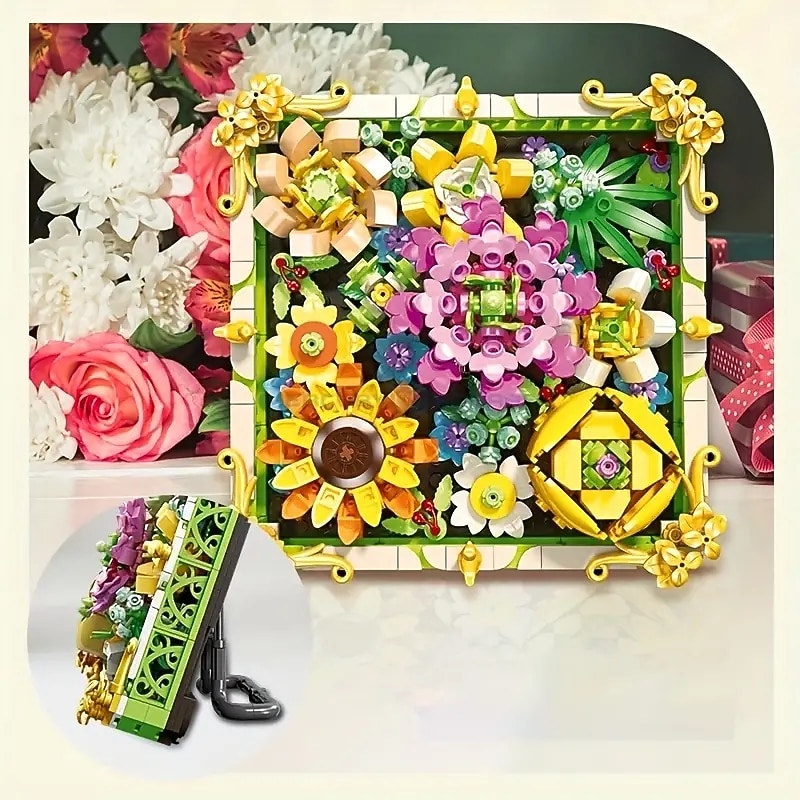 Women's Day Gifts Flower Building Blocks Ideas Artistic Photo Frame Building Blocks Model Bricks House Ornament Toy Kit Birthday Gift Mother's Day Gifts for MoM