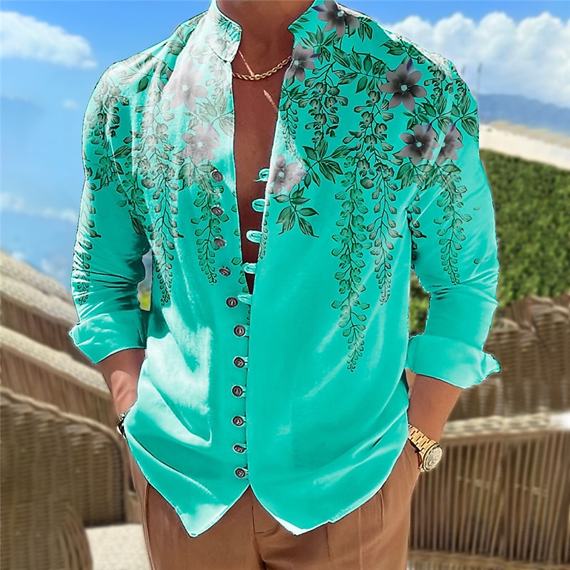 Men's Floral Shirt Button Up Shirt Long Sleeve Casual Daily Wear Going out Weekend Spring & Summer Standing Collar Print Button-Down Yellow Blue2