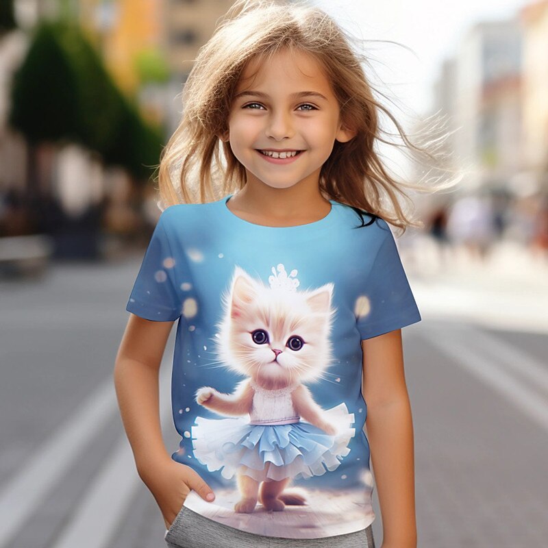 Girls' 3D Cat Tee Shirt Pink Short Sleeve 3D Print Summer Active Fashion Cute Polyester Kids 3-12 Years Crew Neck Outdoor Casual Daily Regular Fit2