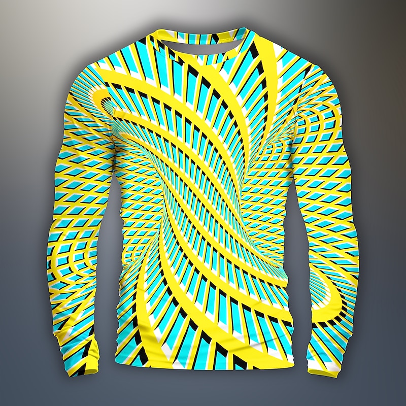 Men's Graphic Optical Illusion Geometic Visual Deception Funny T Shirts Long Sleeve T shirt 3D Print Crew Neck Shirt Daily Designer Artistic Carnival Party Casual Black Yellow Blue Spring &  Fall2