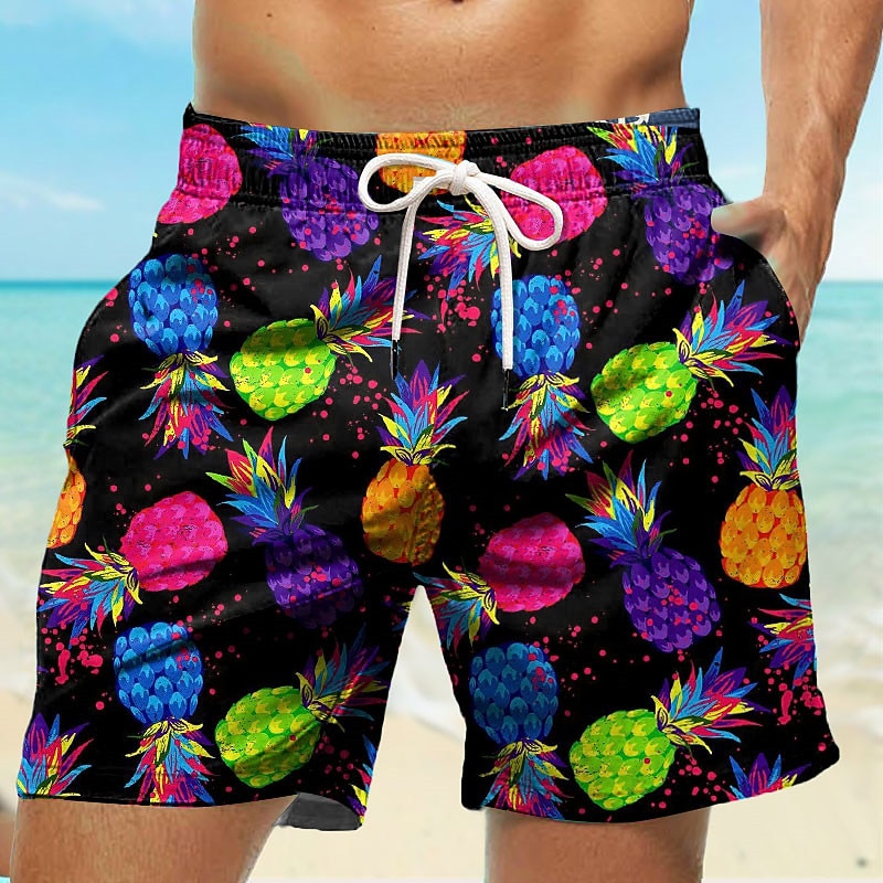 Men's Pineapple Swimming Trunks Board Shorts Swim Shorts Mid Waist Hawaiian Casual Holiday Beach Drawstring with Mesh lining Elastic Waist Designer Clothing Apparel