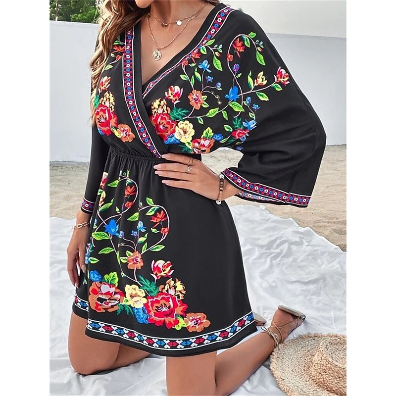 Women's Casual Dress Floral Print V Neck Mini Dress Ethnic Boho Vacation 3/4 Length Sleeve Summer Spring 15
