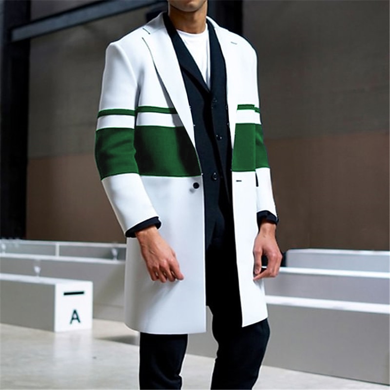 Men's Stripe Winter Coat Overcoat Coat Warm Comfortable Breathable Fashion Streetwear Business Work Wear to work Going out Pocket Print Fall & Winter Turndown Long Sleeve White Red Blue4
