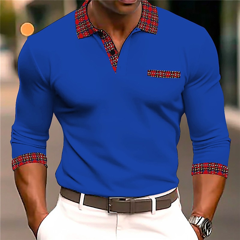 Kentucky Derby Men's Plaid / Check Cable Knit Polo Golf Polos Shirts Long Sleeve Polo Shirts Turndown Business Outdoor Casual Daily Streetwear 3D Print Spring & Summer Black White Blue2
