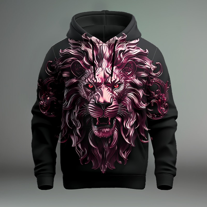 Men's Graphic Lion Textured Hoodie Hoodies Sweatshirt Fashion Daily Long Sleeve Hooded Vacation Going out Streetwear Black Red Print Front Pocket Spring &  Fall Designer3