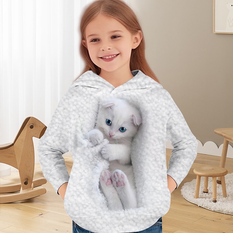 Girls' 3D Cat Hoodie Pullover Long Sleeve 3D Print Spring Fall Active Fashion Cute Kids 3-12 Years Hooded Outdoor Casual Daily Regular Fit