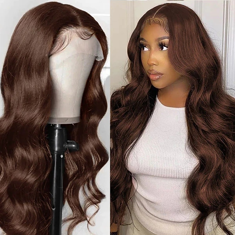 Ishow Hair Chocolate Brown front lace Live wig Women's Body Wave HD Transparent 360 full lace front wig 10-30inch3