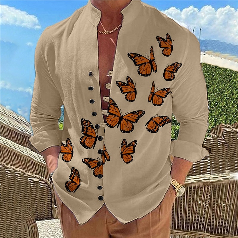 Men's Butterfly Shirt Long Sleeve Casual Daily Wear Going out Weekend Spring & Summer Standing Collar Print Button-Down Black White Blue Purple Fuchsia2