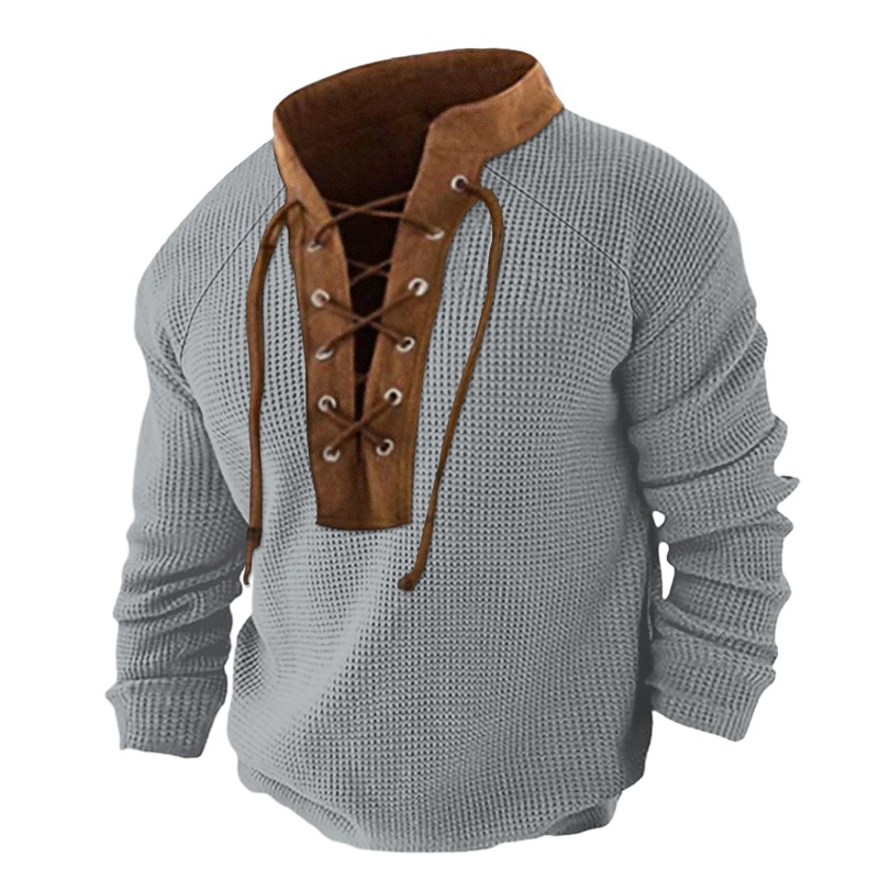 Men's T Shirt Waffle Knit Tee Tee Top Long Sleeve Shirt Long Sleeve Standing Collar Spring &  Fall Color Block Fashion Designer Basic Patchwork Drawstring Vacation Street Going out Red Navy Blue khaki3