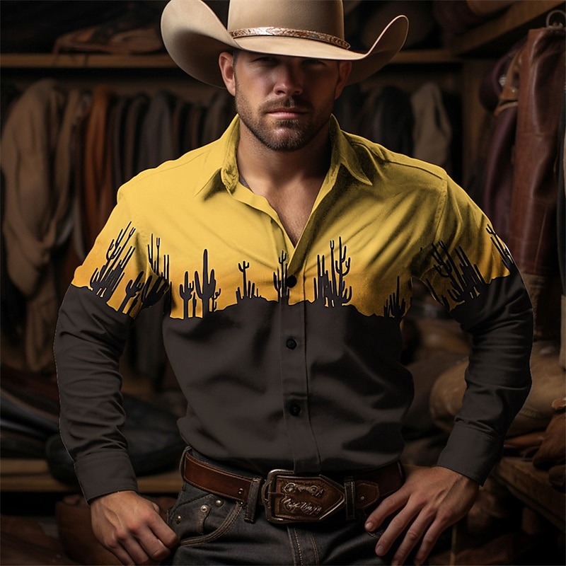 Men's Cowboy Western Shirt Button Up Shirt Cowboy Shirt Long Sleeve Vintage Western Style Casual Daily Spring Fall & Winter Turndown Collared Shirts 3D Print Front Pocket Yellow Green khaki3