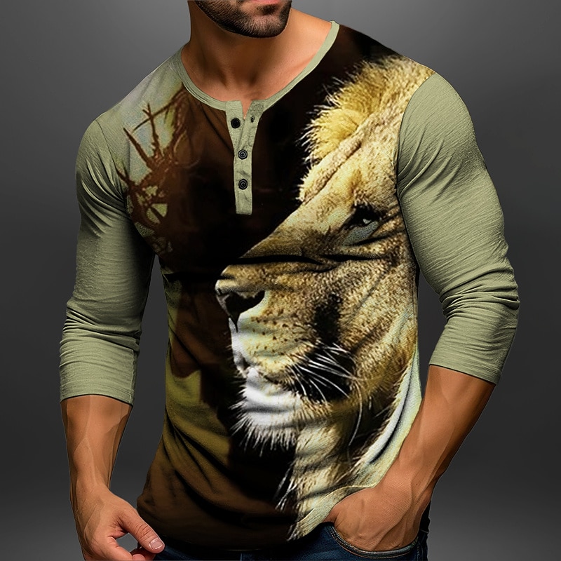 Men's Graphic Animal Lion Henley Shirt Long Sleeve 3D Print Fashion Daily Casual Casual Holiday Going out Spring &  Fall Red Brown Khaki Gray Henley Henley T-Shirt3