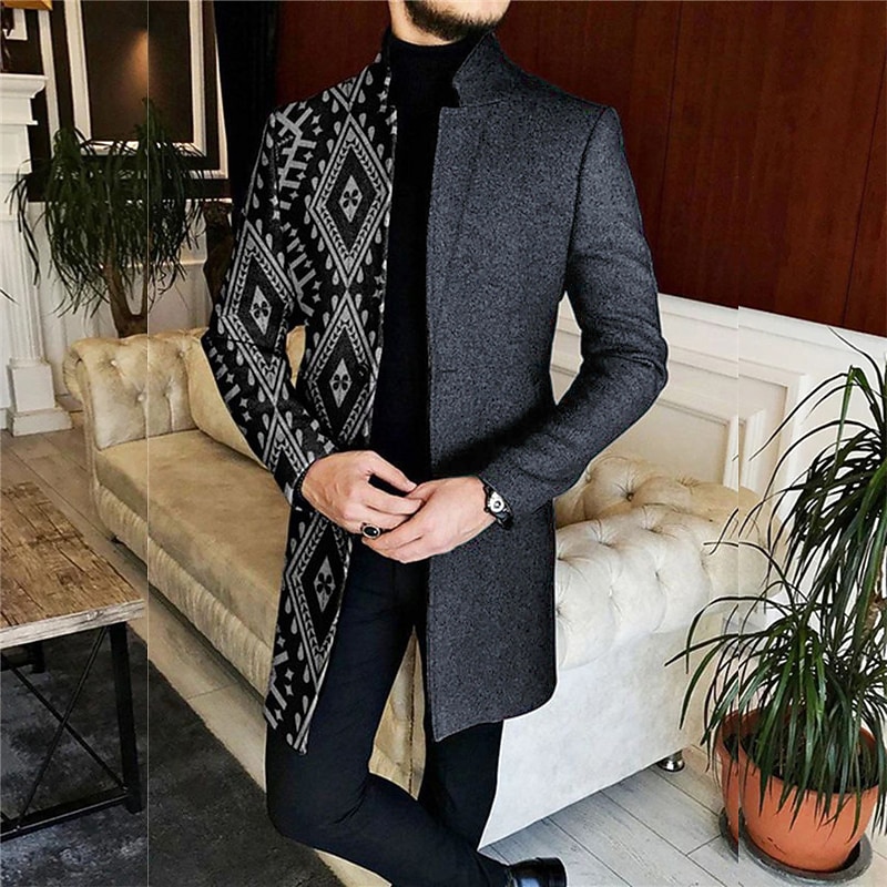 Men's Geometry Winter Coat Overcoat Coat Warm Comfortable Breathable Vintage Business Work Wear to work Going out Pocket Print Fall & Winter Stand Collar Long Sleeve Black Red Blue