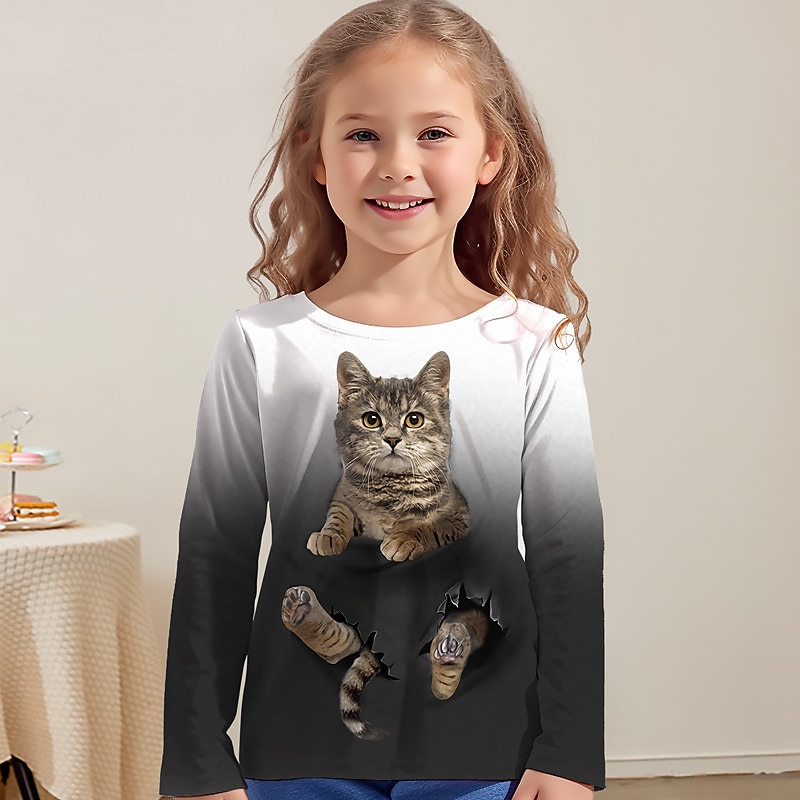 Girls' 3D Cat Tee Shirt Long Sleeve 3D Print Spring Fall Active Fashion Cute Polyester Kids 3-12 Years Crew Neck Outdoor Casual Daily Regular Fit3