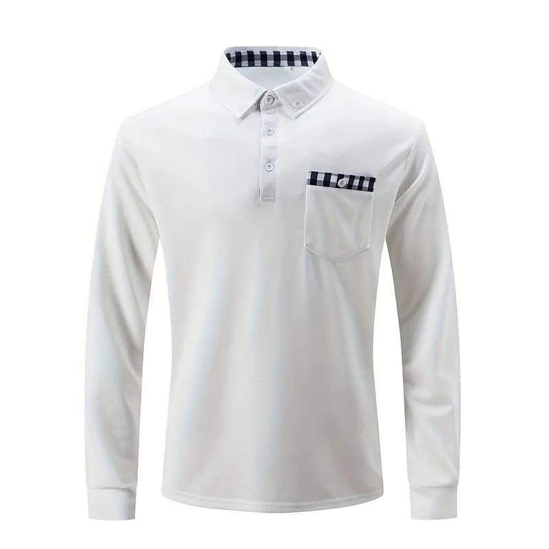 Men's Polo Shirt Button Up Polos Casual Sports Lapel Long Sleeve Fashion Basic Plaid Color Block Button Front Pocket Spring &  Fall Regular Fit Black White Navy Blue Polo Shirt2