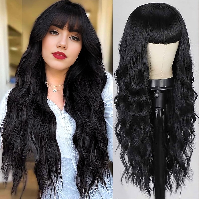 Black Wig with Bangs for Women Long Wavy Wigs Curly Synthetic Wig Natural Looking Hair Heat Resistant Wigs for Daily Party Use