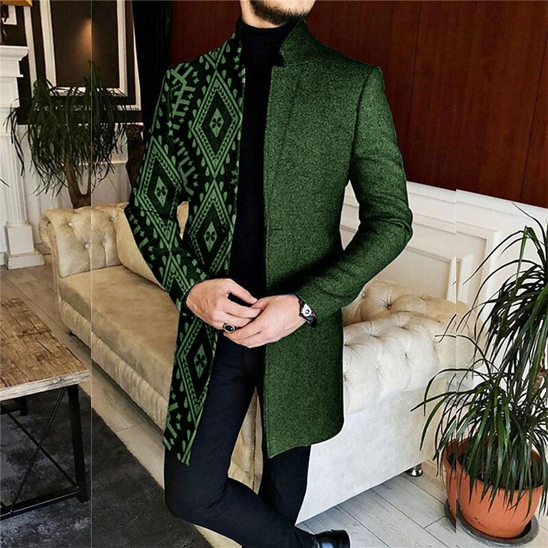 Men's Geometry Winter Coat Overcoat Coat Warm Comfortable Breathable Vintage Business Work Wear to work Going out Pocket Print Fall & Winter Stand Collar Long Sleeve Black Red Blue4